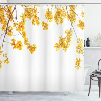 

Yellow Shower Curtain Flower Tree Branches Bloom Blossoming in Spring Garden Sun Rays Nature Theme Home Bathroom