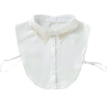 

Ladies Women Half-Shirt Blouse Imitation Pearl Beading Embellished Pointed Lapel Detachable Button Down Chiffon Fake Collars