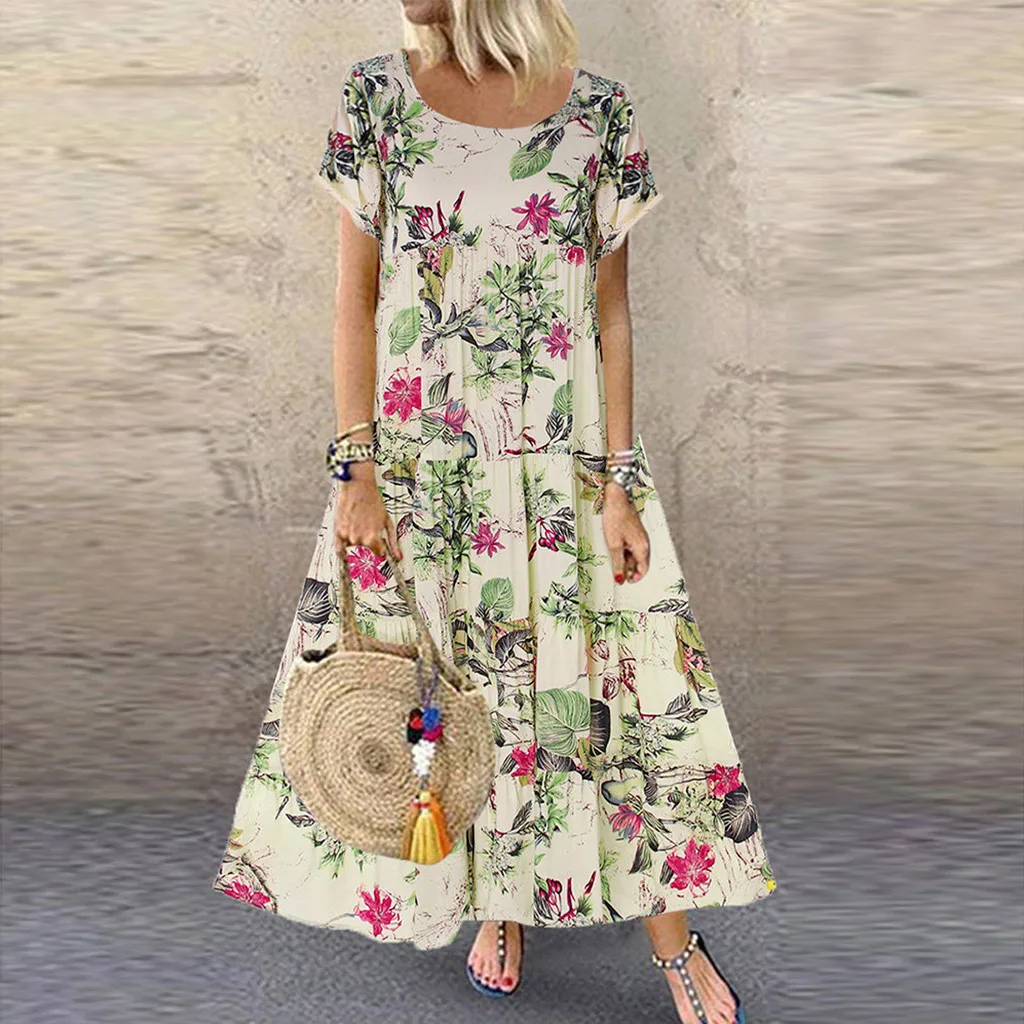 Women Plus Size Loose Casual Short Sleeve Boho Retro Linen Print Long Maxi Dress