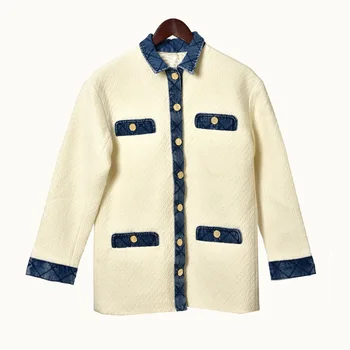 

2020 Spring Autumn Women's Patchwork Jacket Tweed Single Breasted Long Sleeve Turn-down Collar Coat