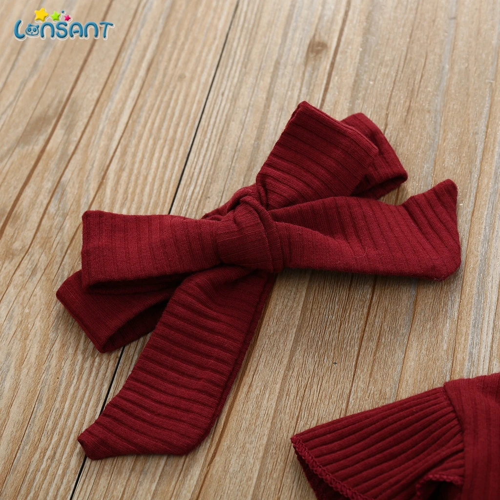 LONSANT/3 предмета, Одежда для новорожденных девочек, комбинезон с длинными рукавами и оборками+ длинные штаны+ повязка на голову, комплект одежды для детей 0-18 месяцев, N30