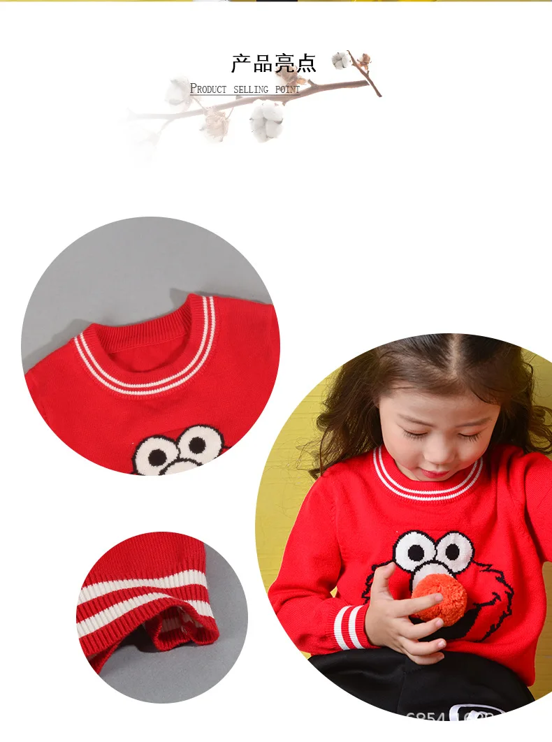 Детский вязаный свитер; сезон осень-зима; стиль года; милый пуловер с круглым вырезом и принтом «Улица Сезам»