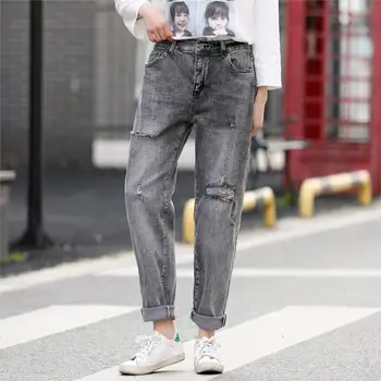 

Women Spring Jeans Lady Harem Pants Female Grey Denim Trousers Stretch Hole Loose Fashion Plus Size Pantalones D6 8856