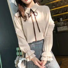 Aliexpress - Women Top 2020 Autumn New Long-sleeved Shirt Female Korean Bottoming Shirt Trumpet Sleeve Lace-up Shirt Chiffon Shirt Top Blouse