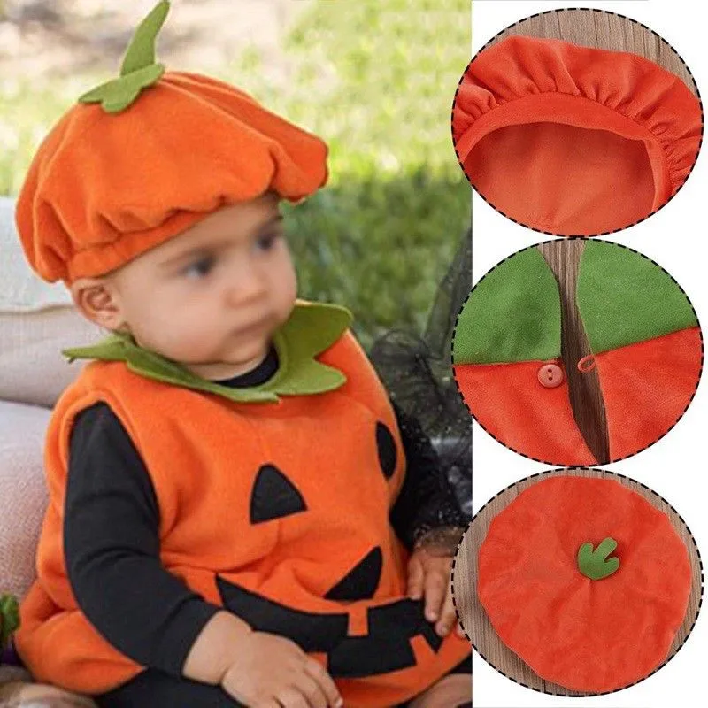 2PCS Halloween Costumes Toddler Baby Boys Girls Romper Pumpkin Sleeveless Jumpsuit Hat Outfit Baby Clothes 0-3Years