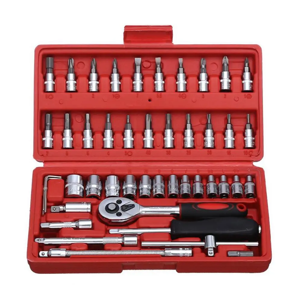 Car Repair Tool Socket Set Hardware Tool Kit For Car Auto Repairing Tool Torque Ratchet Wrench Set 46Pcs - Цвет: Красный, серебристый тон