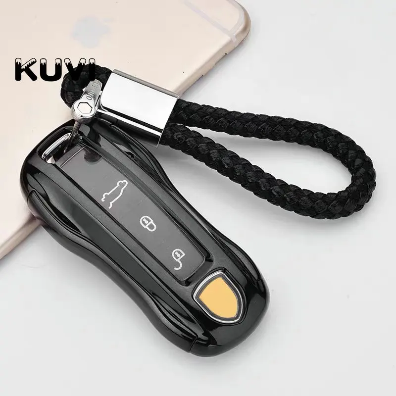 black with keychain PC+ TPU чехол для ключа автомобиля чехол для Porsche Cayenne Macan 911 Boxster Cayman Panamera key case Аксессуары для стайлинга автомобилей - Название цвета: black with keychain