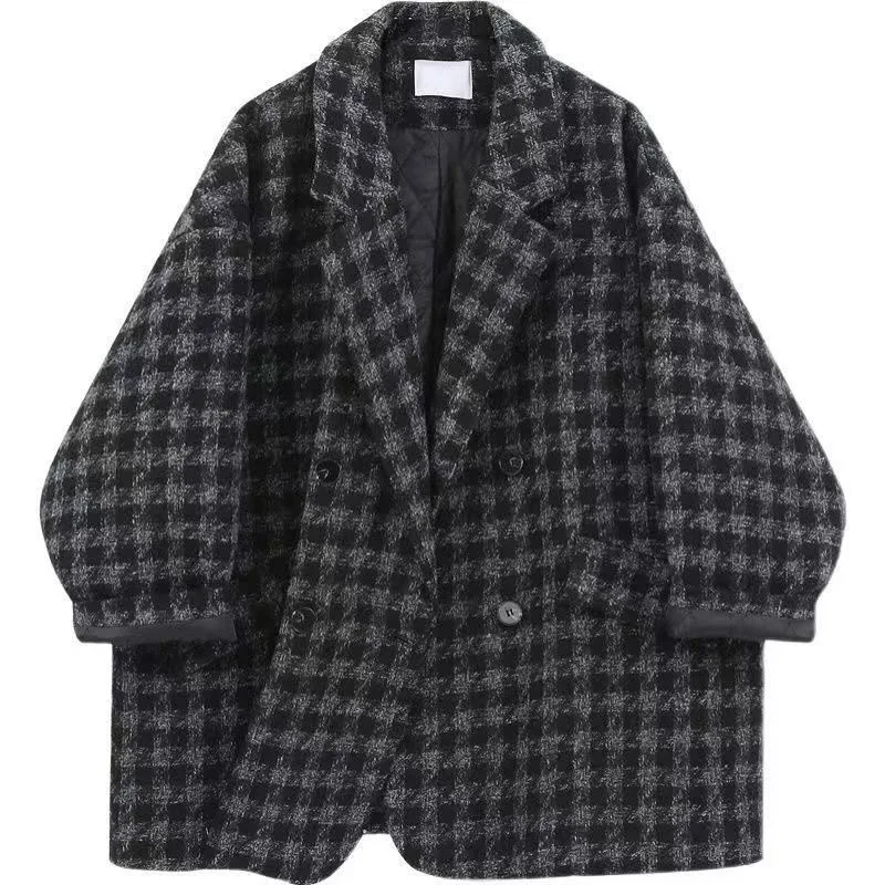 

Houndstooth Woolen Jacket Women 2023 Fall Winter Korean Loose Thick Casual Wool Blazer Double Breasted Pockets Female Suits Coat