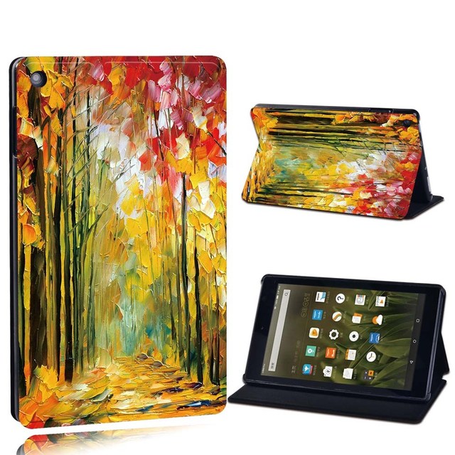 Amazon Fire 7 5/7/9th Gen / Fire HD 8 / 10 with alexa Printed Painting PU Leather Tablet Stand Folio Cover Case