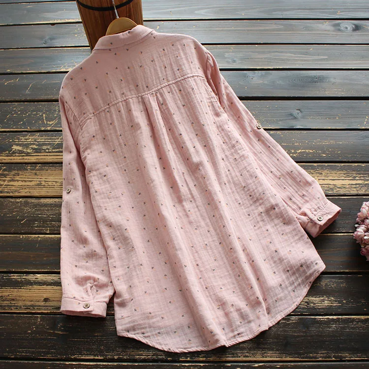 8417 New Autumn Women Blouse Japan Style Literary Print Turndown Collar Double Layer Cotton Shirt Tops Women 3