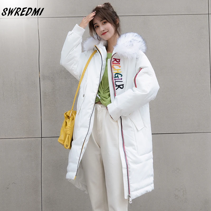 Белая зимняя куртка Женское зимнее пальто с вышивкой длинное высокое качество