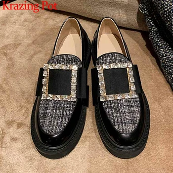 

Krazing pot genuine leather mixed colors crystal buckle loafers shoes round toe med heels slip on daily wear fashion pumps L14