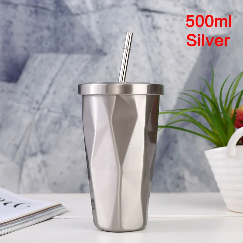 Silver 600 мл кофейная кружка, термосы, термос, смешной градиентный цвет, изолированный термос, автомобильная дорожная бутылка для напитков, для кофе с соломинкой - Цвет: Silver