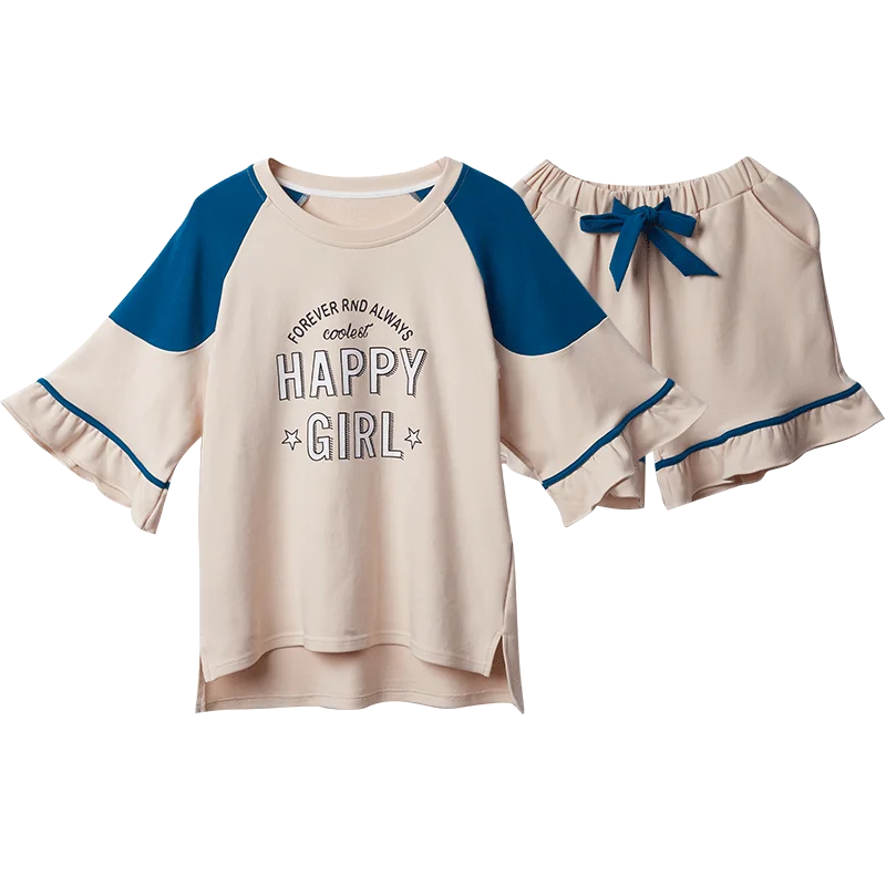 

Summer Crew Neck Trumpet Sleeve Blue Color Letter Printing Chinese Pajamas Pj Set Homesuit Homeclothes Pajamas Set Casual Style