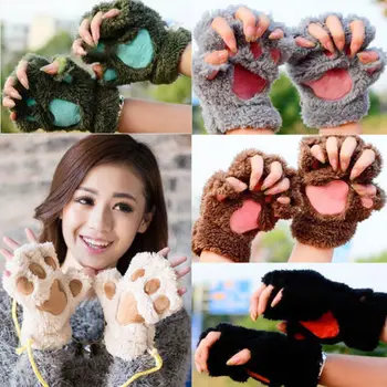 

New Women Cute Cat Claw Paw Plush Mittens Short Fingerless Winter Gloves Half Finger