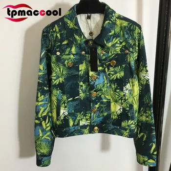 

luxury designer high end women jackets Portrait Gold Buckle Jungle Print Lapel collar Long Sleeve Cotton Denim crop Coat jacket