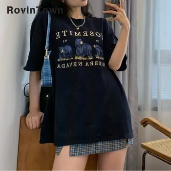 

New Summer T-shirt Women Loose Leisure Short Sleeves Tops O Neck Lettered Cartoon Print Oversize Harajuku Style Free Shipping