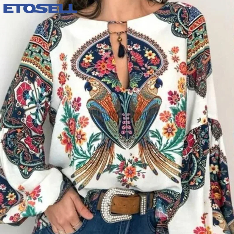 S-5XL de estilo bohemio para mujer, Blusa de estilo Vintage con estampado Floral, talla grande