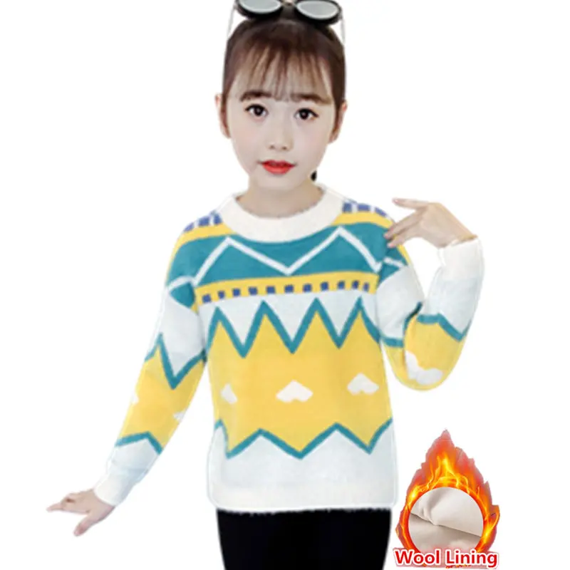 

Winter Warm Kids Clothing Vintage Sweater For Baby Girls Geometry Pattern Plus Velvet Thick Knit Pullovers Top Children Sweaters