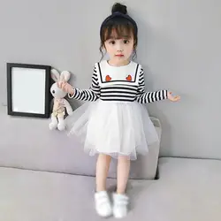 Весенне-осеннее платье для маленьких девочек Хлопковое платье с длинными рукавами для малышей Детские сетчатые платья в полоску в стиле