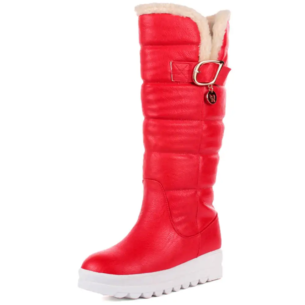 BONJOMARISA Winter 34-43 Warm slip-on Platform Boots Ladies Waterproof mid-calf Snow Boots Women Casual Wedges Shoes Woman - Цвет: Красный