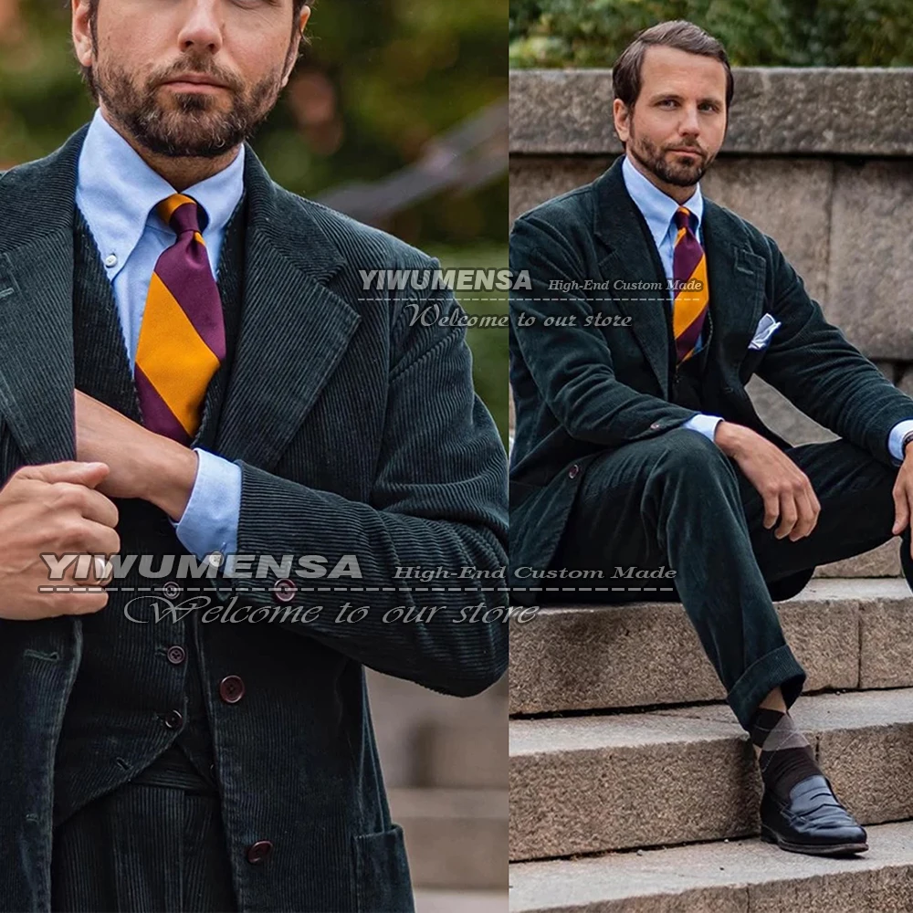 

Мужские вельветовые костюмы Smart Casual зеленого цвета, индивидуальный пошив, 3 предмета, пиджак + жилет + брюки, курение, деловой пиджак с заостренным воротником, костюмы, мужские костюмы