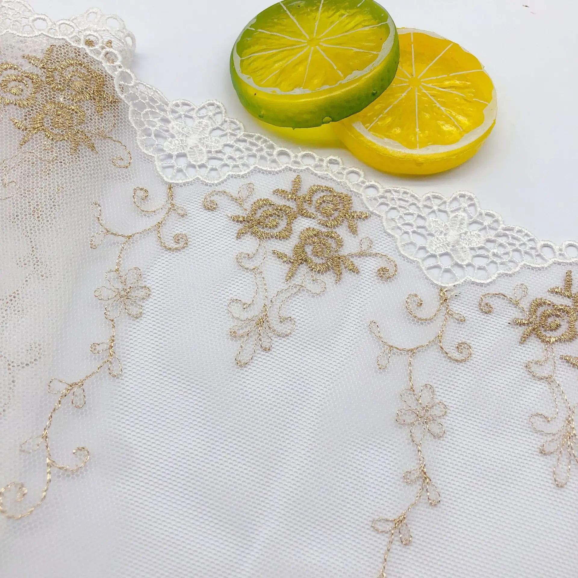 1Yard 17cm Soft Ivory Mesh Gold Thread Polyester Fabric Venise Lace