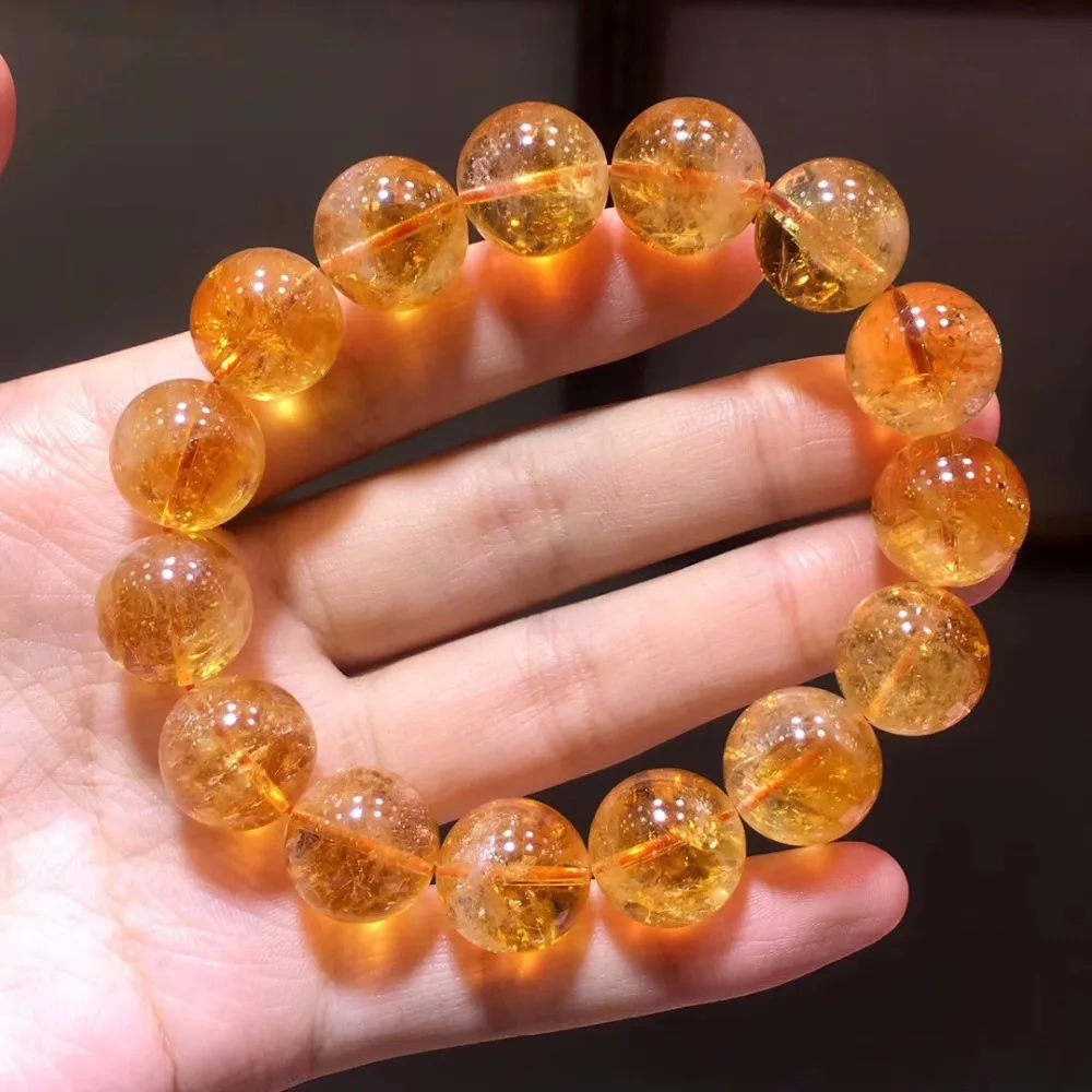 15mm Genuine Natural Yellow Citrine Quartz Super Seven Crystal Bracelet For Women Men Clear Gemstone Round Beads Jewelry AAAAA