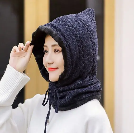 Женская зимняя вязаная шапка бини мужской шарф Skullies Beanies теплые зимние шапки для мужчин и женщин шапки брендовые маска капота брендовые кепки - Цвет: navy blue