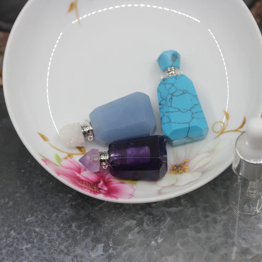 Natural Aquamarines/Amethysts/Turquoises Perfume Bottle Pendants,Plated Silver Essential Oil Diffuser Necklace Charms Jewelry