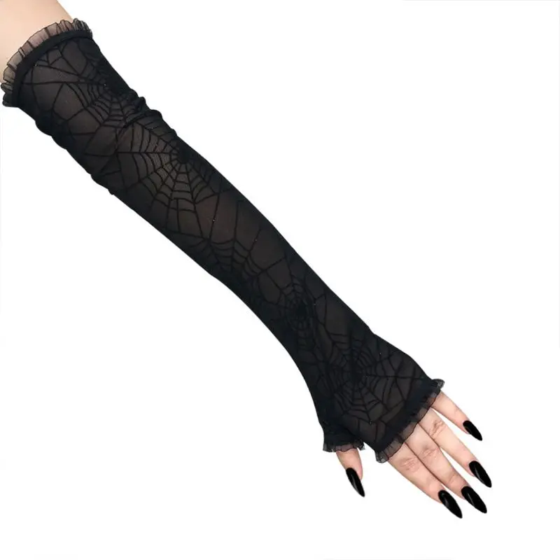 Women Halloween Fingerless Long Gloves Lady Female Stylish Rhinestone Spider Web Cosplay Costume Gloves