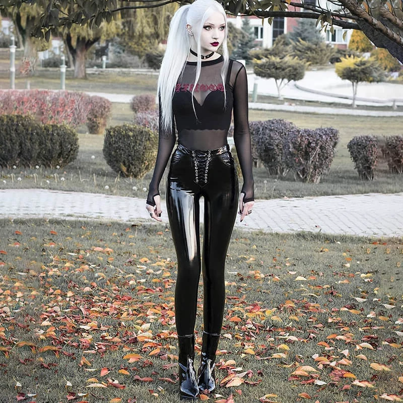 Женские брюки из искусственной кожи с высокой талией, леггинсы Wetlook, сексуальные обтягивающие брюки из лакированной кожи, повязки на шнуровке, уличная одежда для клуба, панк