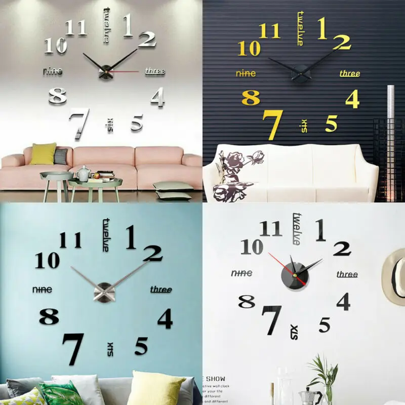 Modern Large Wall Clock Kit DIY 3D Mirror Surface Sticker Home Office Room Decor