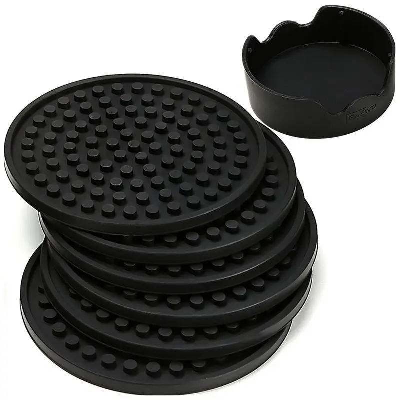 

Promotion--Coasters Set of 6 in Holder - Protect Furniture From Water Marks & Damage - Good Grip, Deep Tray, Large 4.3 inch Size