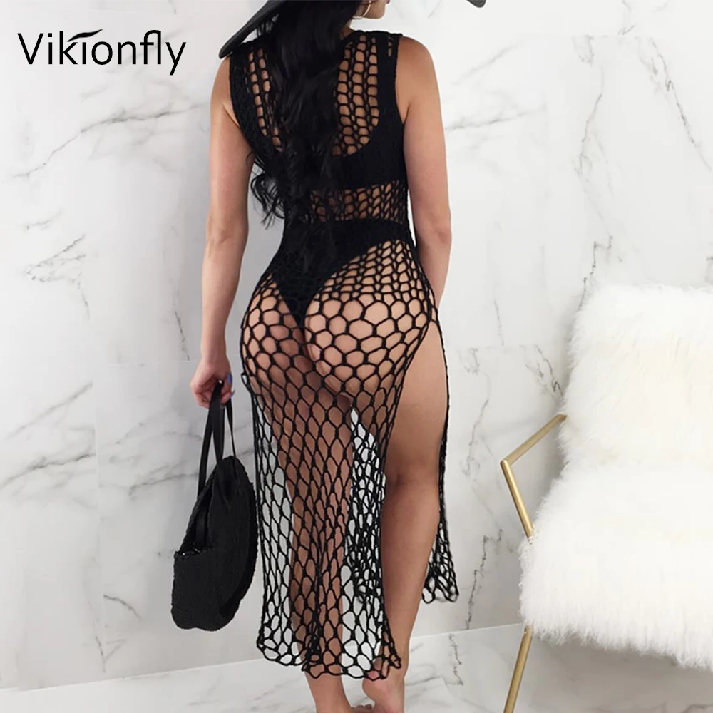 Пикантная Пляжная накидка Vikionfly вязаная крючком Женская Туника 2020 сетчатый