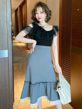 

Ruffle round Neck off-Shoulder Slim Sweater + Houndstooth Lace Skirt Suit, Female 2020 Early Autumn