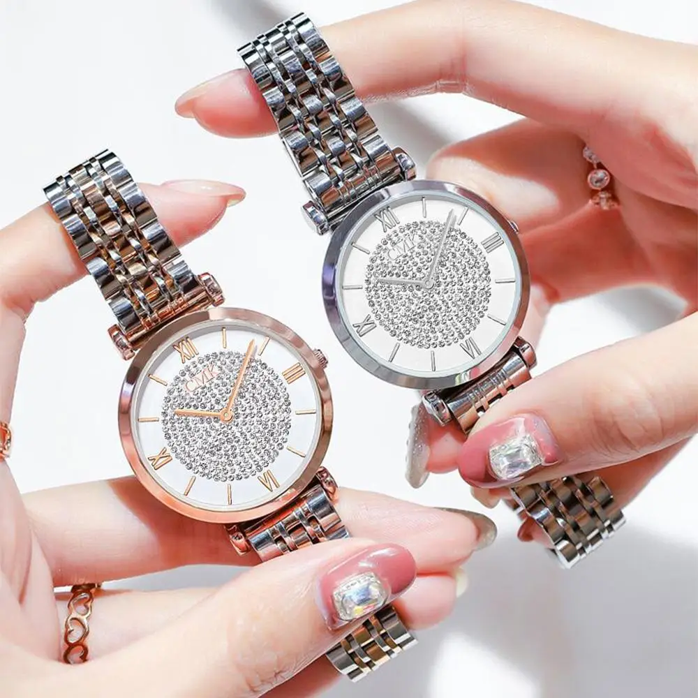 

Rose Gold Women Quartz Wrist Watches Fashion Rhinestone Starry Sky Watch Silver Stainless Steel Female Crystal Waterproof Clock