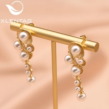 

XlentAg White Natural Round Pearls Dangle Earrings Shell Shape Girl Wedding Party Gifts For Women Original Luxury Jewelry GE0330