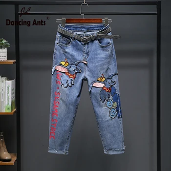 

Women Jeans Cartoon Little Elephant Embroidery Patchwork Korean Loose Denim Pants 2020 Spring Femme Fashion Casual Harem fp