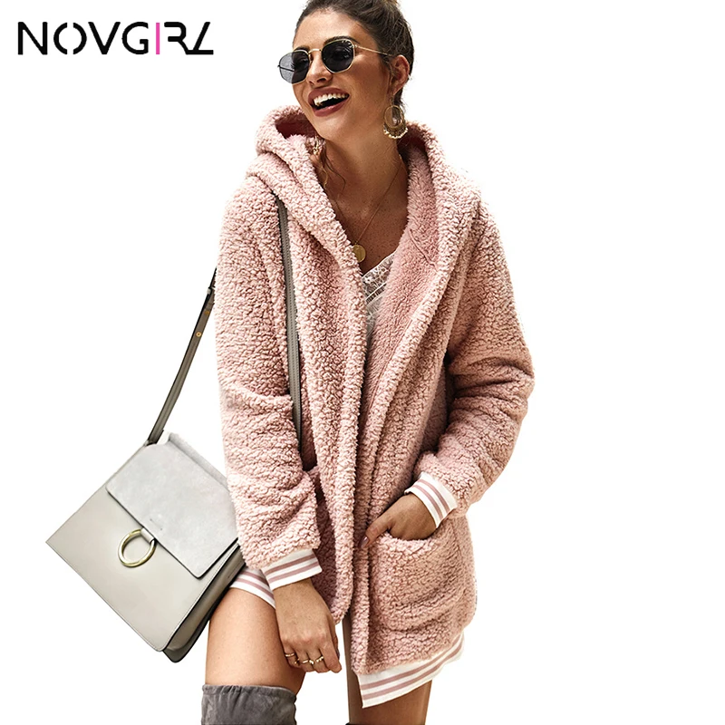 

Novgril Striped Patchwork Outwear Fur Teddy Bear Jacket Coats Women 2019 Autumn Winter Hoodie Coats Oversize Casual Overcoat