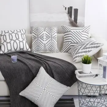 

Gray Geometric Printed Cushion Covers 45x45cm Cotton Line Throw Pillow Cover Decorative Pillowcases for Home Sofa Car