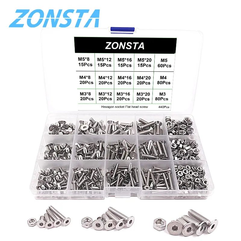 440pcs Allen Key Head Hex Socket Screw Set M3 M4 M5 Stainless Steel Flat Countersunk Head Bolt and Nuts screws Assortment Kit
