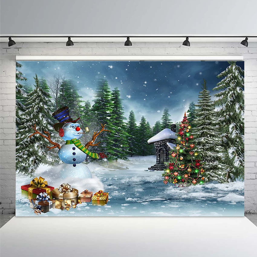 Рождественский фон для фотосъемки зимний Снеговик Зеленая елка дом фотостудия