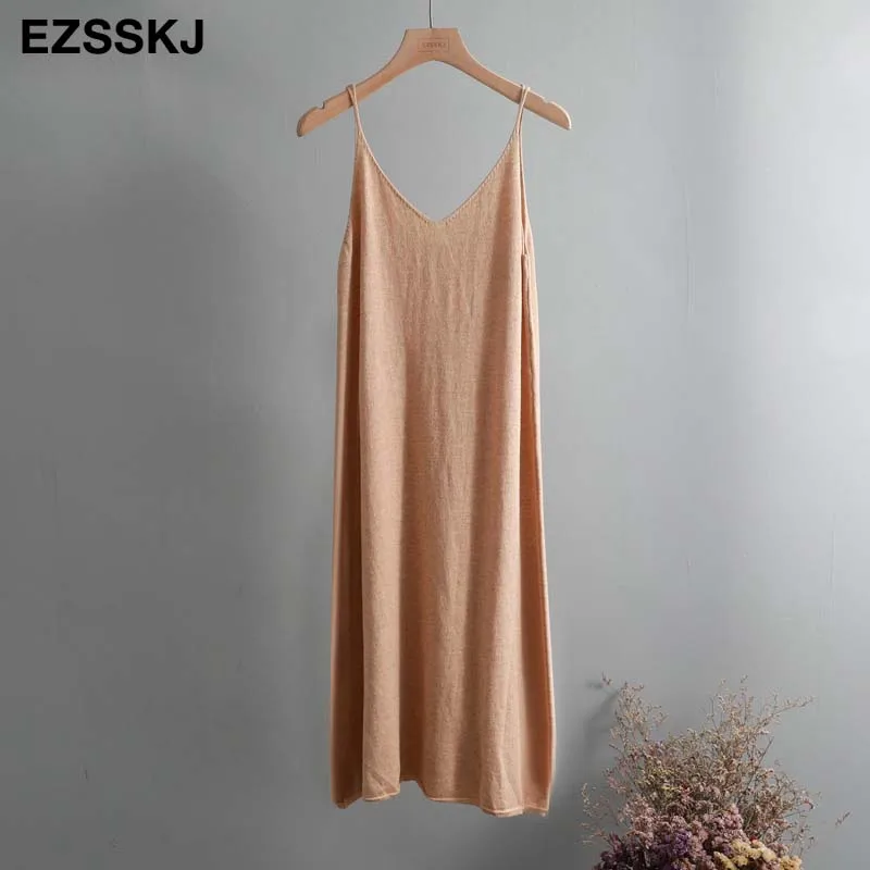 yellow khaki Негабаритный весенне-осенний женское трикотажное платье на бретелях повседневное длинное платье-майка женское свободное кашемировое платье трапециевидной формы maix - Цвет: yellow khaki