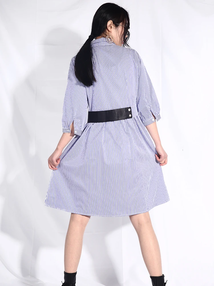 LANMREM Новое модное синее ТРАПЕЦИЕВИДНОЕ синее Полосатое эластичное женское платье с поясом S26