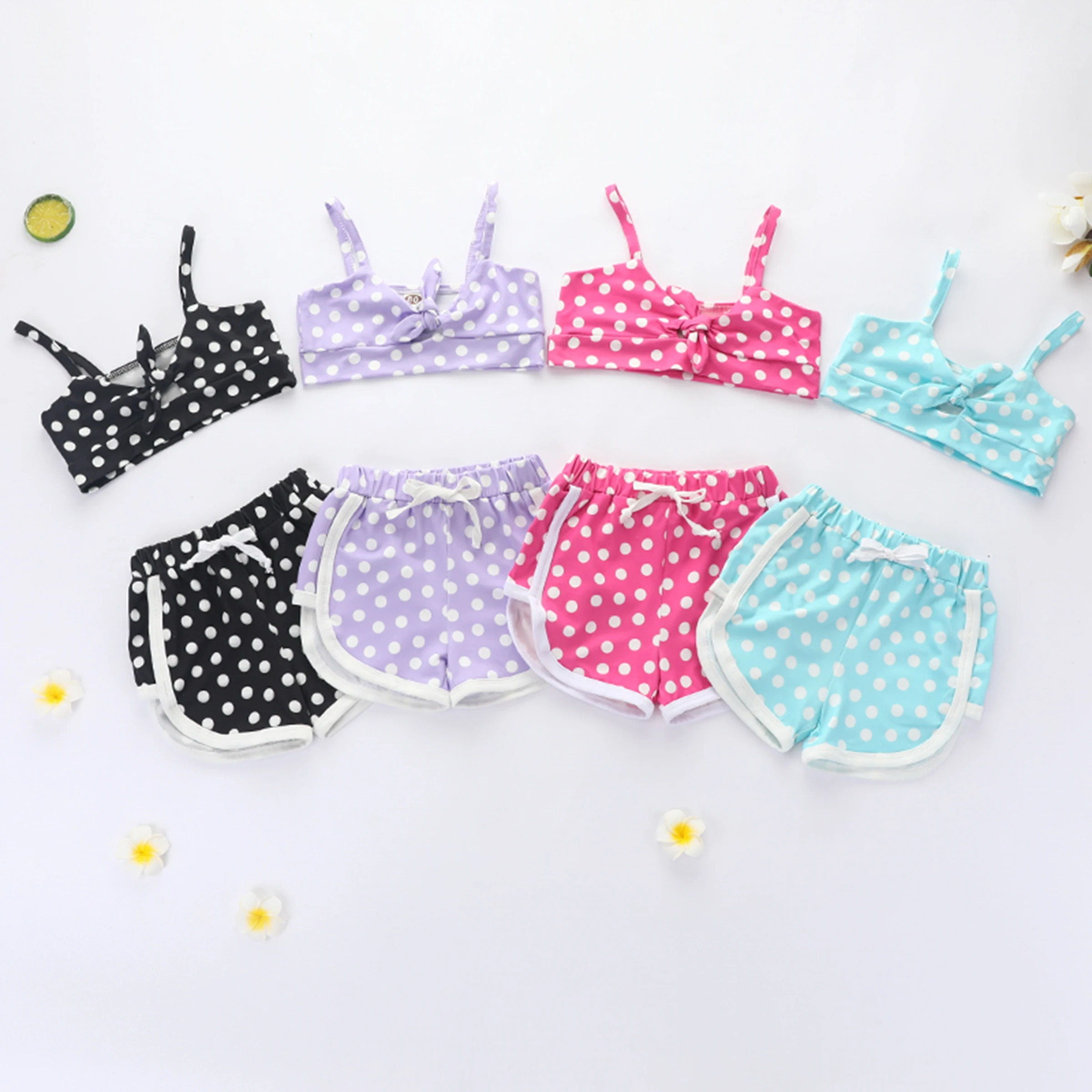 

AA 2020 Girls Clothing Tracksuit Kids Set Sleeveless Polka Dots Print Shirt Tops+Shorts Two Piece Children Clothes