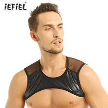 Сексуальная искусственная кожа для мужчик лоскутное без рукавов, прозрачный сетчатый топ на бретелях, жилет, Клубная одежда, сценический костюм, экзотические кроп Топы