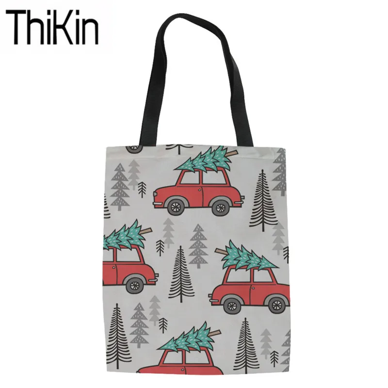 THIKIN Рождество автомобиль Печать Холст Tote сумки для женщин Мода Многоразовые хозяйственные сумки дамы складной шоппер сумка на плечо - Цвет: as picture