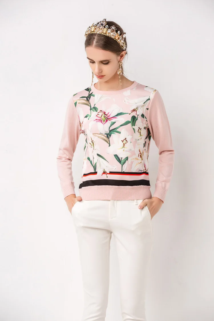 MoaaYina модные Демисезонный Для женщин с длинным рукавом с цветочным принтом вязанный пуловер свитер