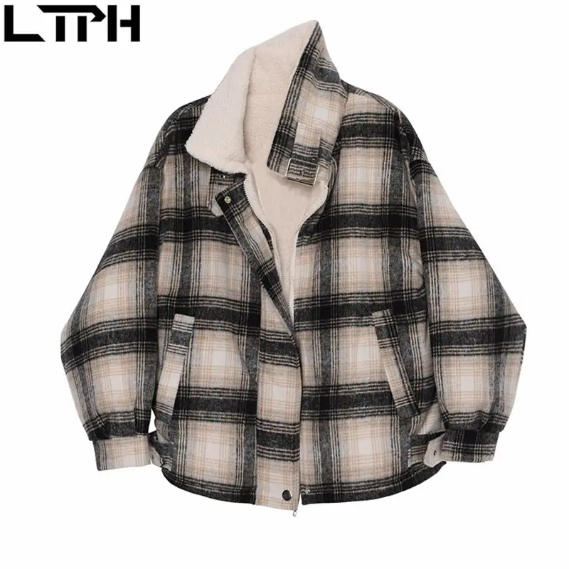

LTPH vintage Plaid Thicken Warm lambswool Standcollar Jackets tooling Short coat woman jacket 2020 Winter oversize New Outerwear
